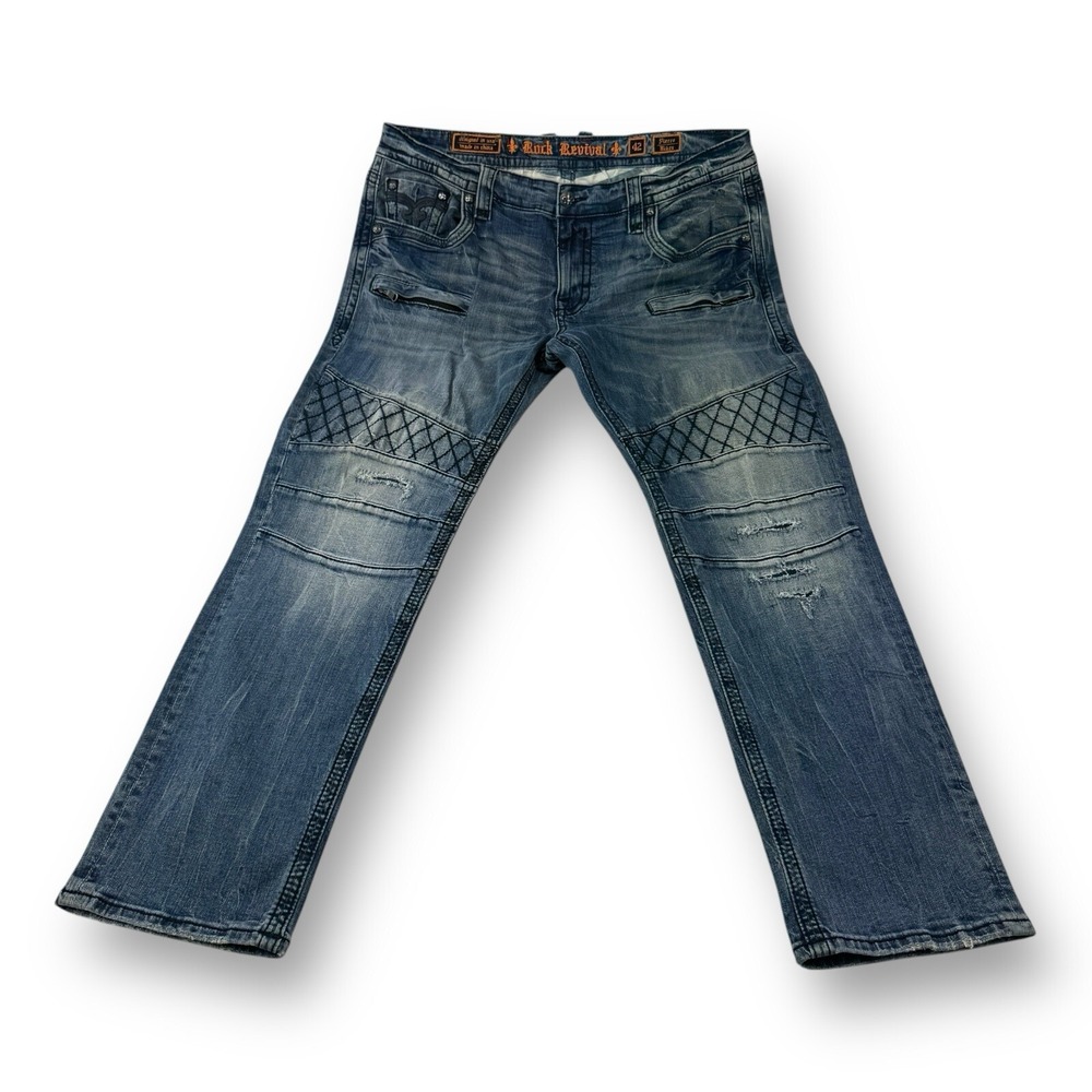 Rock Revival Men's Pierre Biker 5-Pocket Jeans Blue 42x33 w/ Zippered Pockets